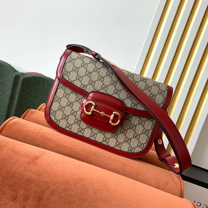Luxury Gucci GG 1955 Horsebit Bag 25cm Red Leather Beige Canvas Gold Hardware