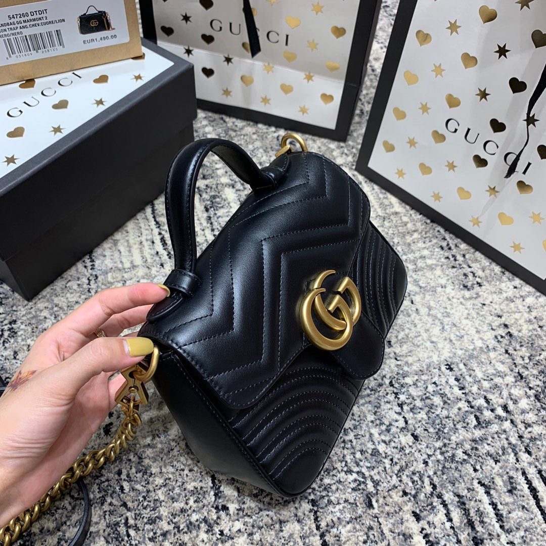 Luxury Gucci GG Marmont 21cm Mini Top Black Calfskin Gold Hardware