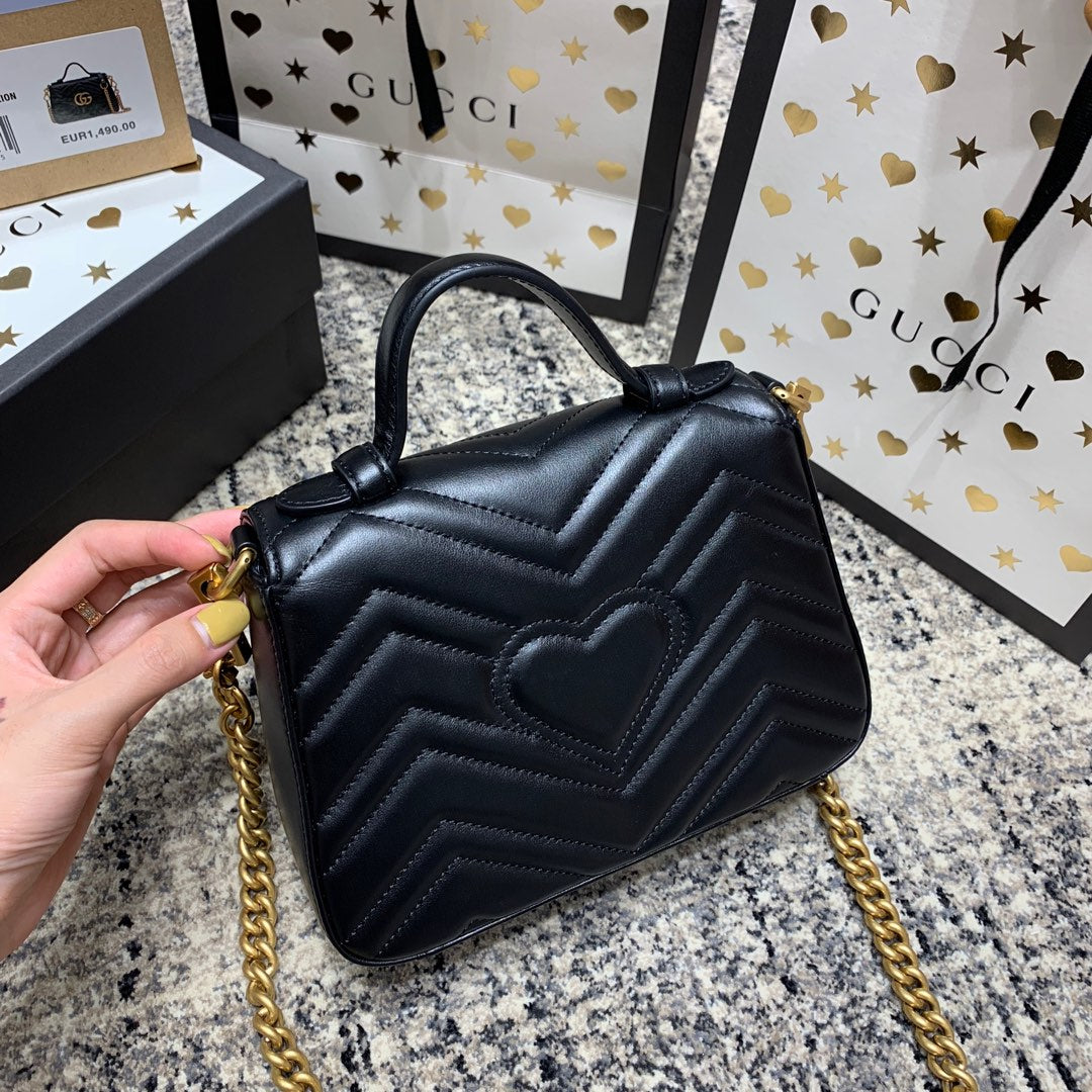 Luxury Gucci GG Marmont 21cm Mini Top Black Calfskin Gold Hardware