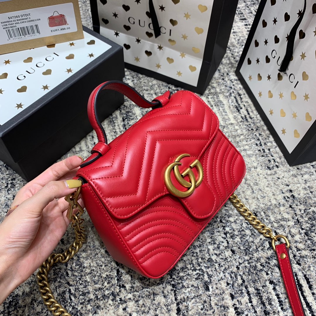 Luxury Gucci GG Marmont 21cm Mini Top Red Calfskin Gold Hardware