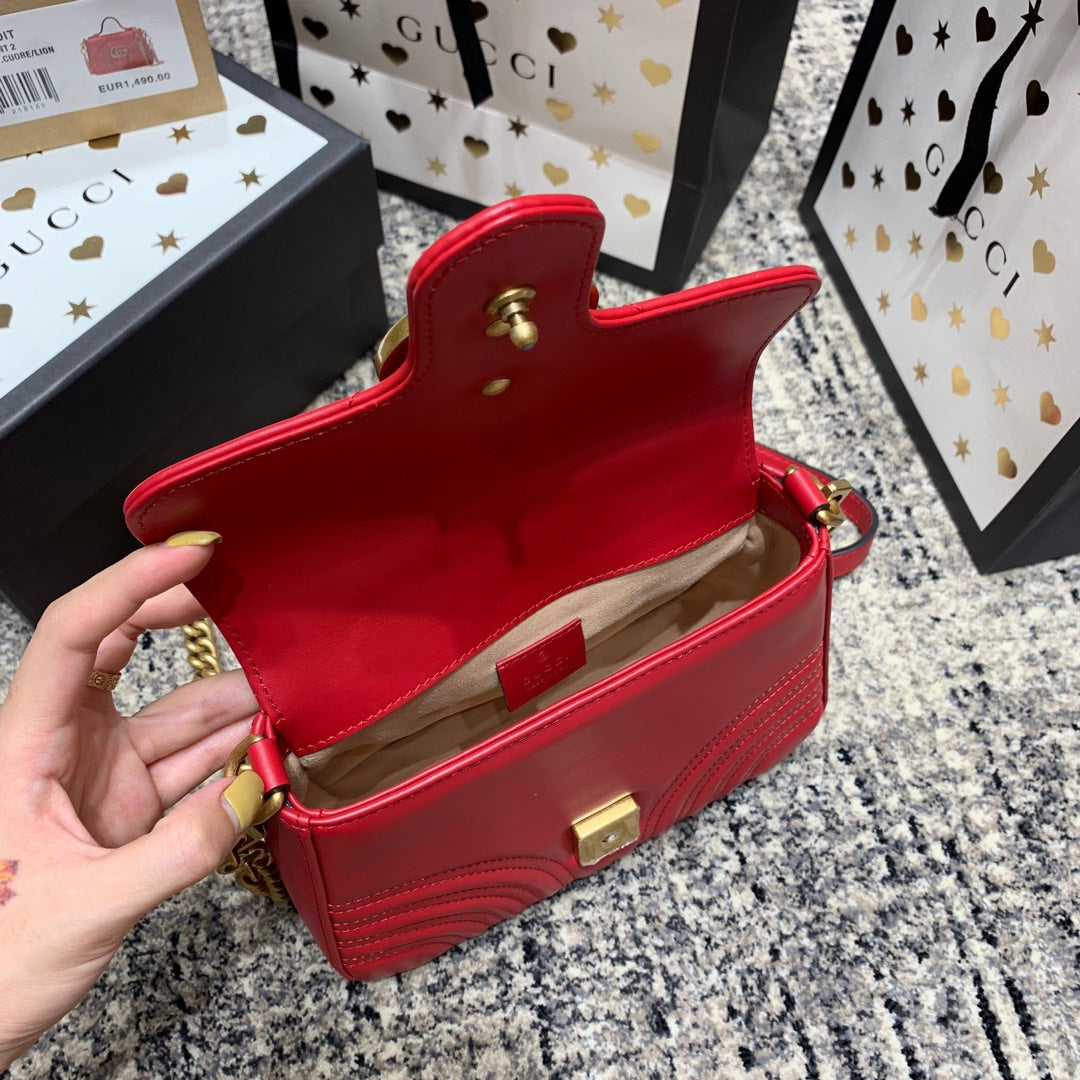 Luxury Gucci GG Marmont 21cm Mini Top Red Calfskin Gold Hardware