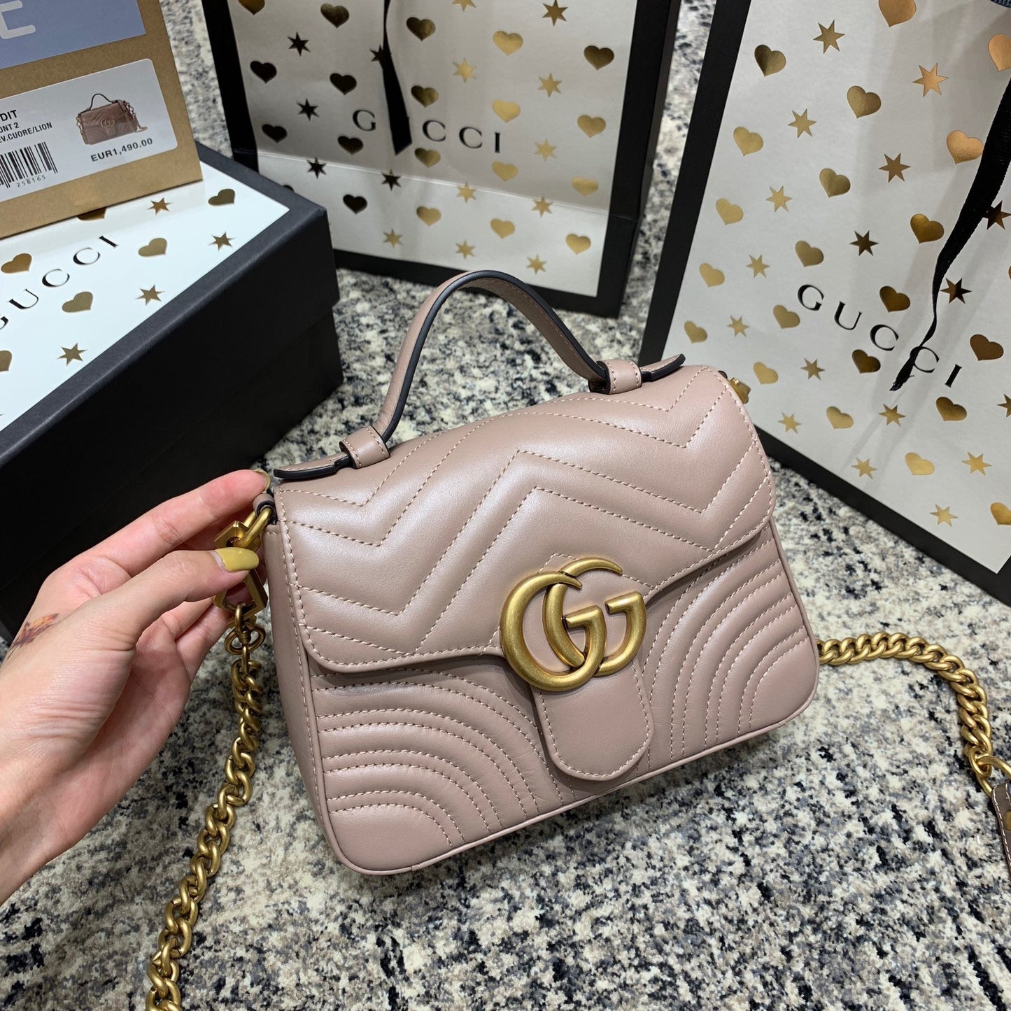 Luxury Gucci GG Marmont 21cm Mini Top Dark Beige Calfskin Gold Hardware