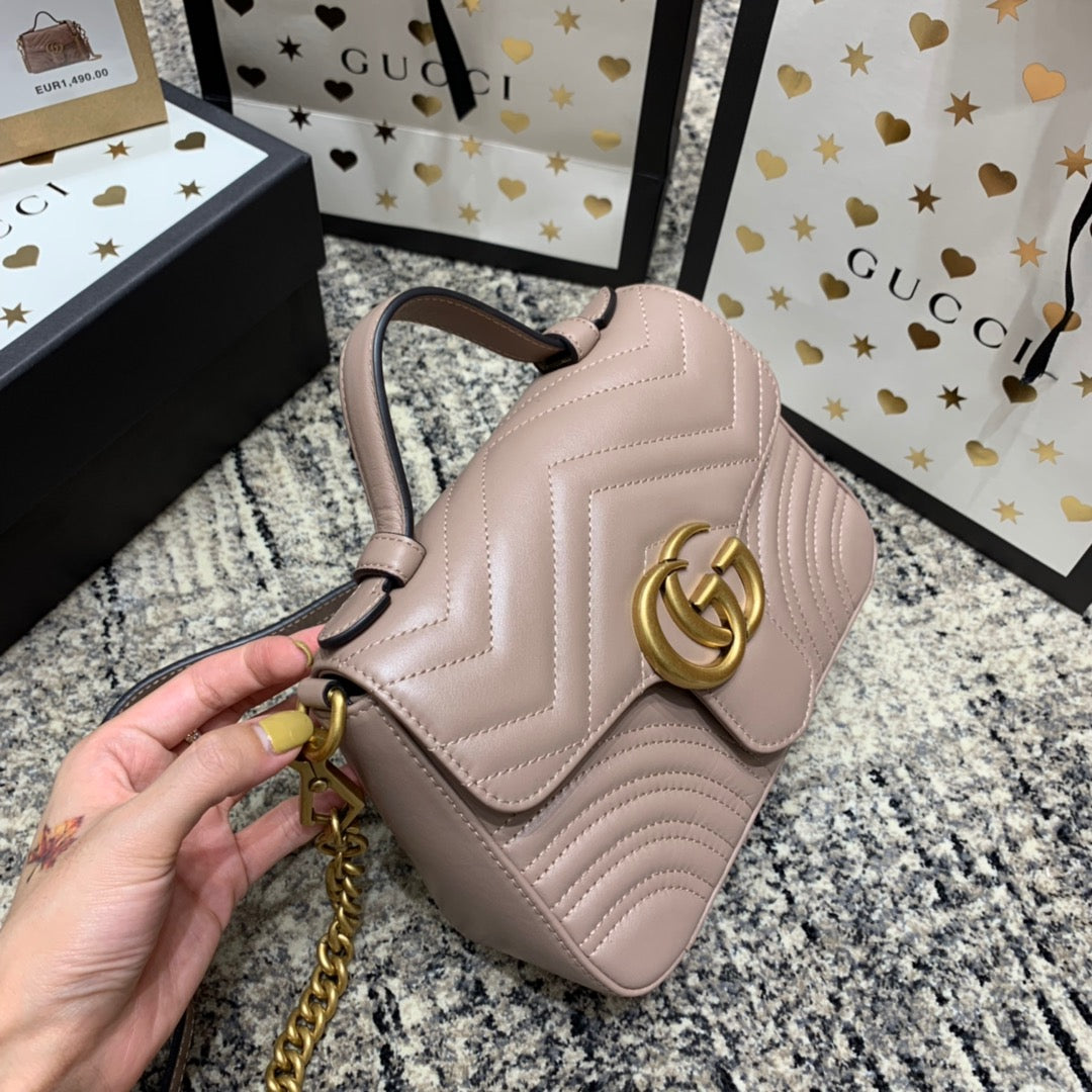 Luxury Gucci GG Marmont 21cm Mini Top Dark Beige Calfskin Gold Hardware