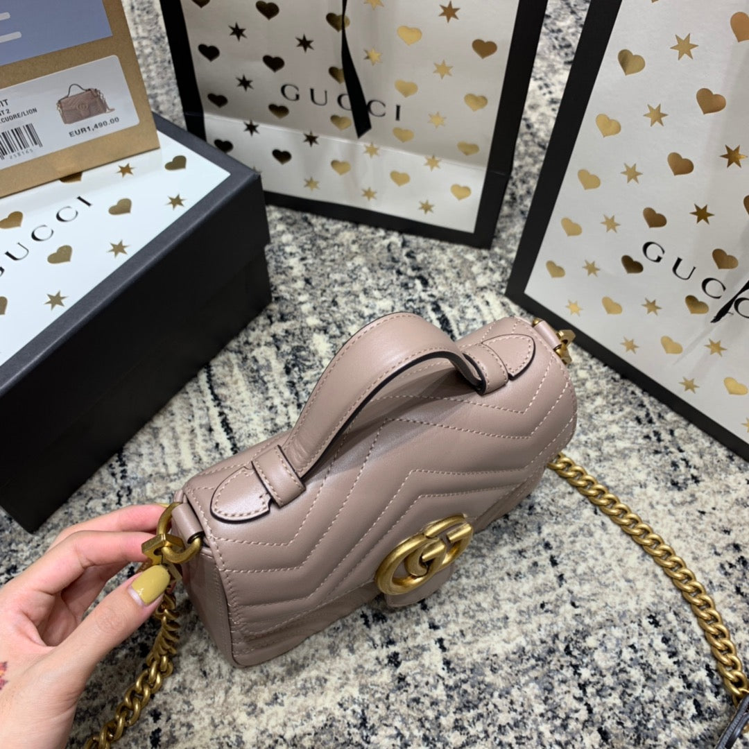 Luxury Gucci GG Marmont 21cm Mini Top Dark Beige Calfskin Gold Hardware