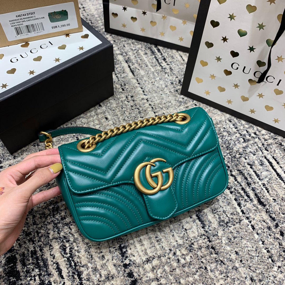 Luxury Gucci GG Marmont 22cm Turquoise Calfskin Gold Hardware