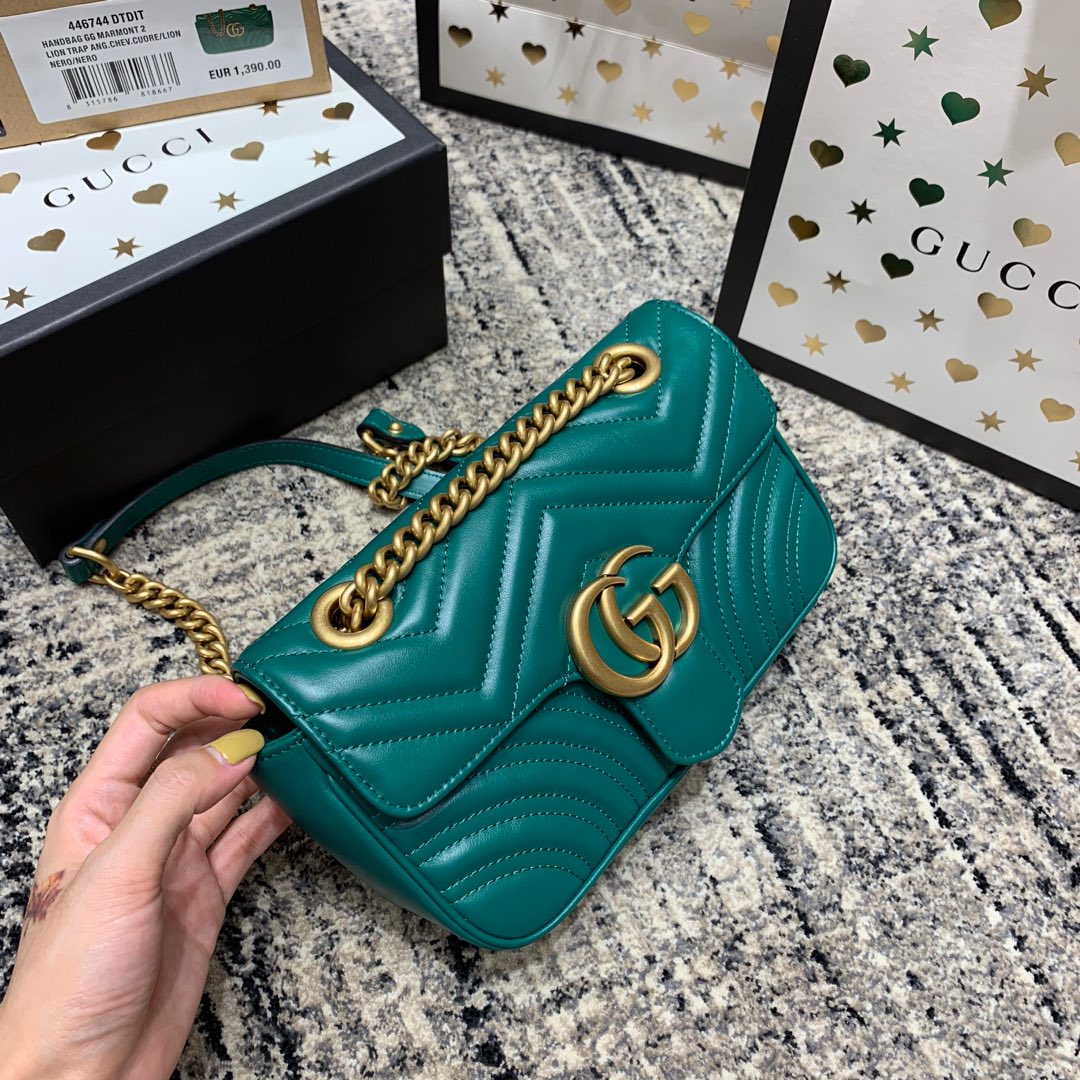 Luxury Gucci GG Marmont 22cm Turquoise Calfskin Gold Hardware
