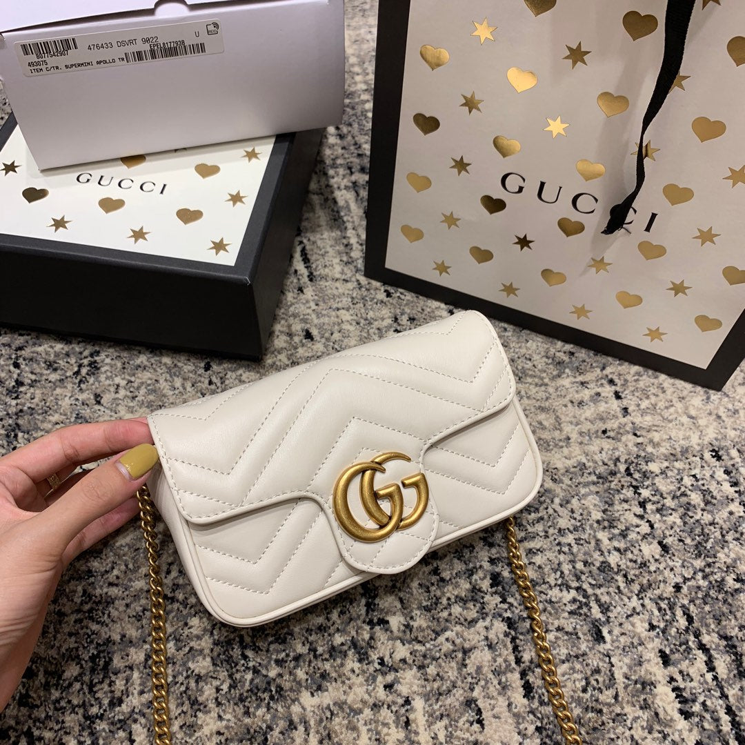 Luxury Gucci GG Marmont Mini 16.5cm White Calfskin Gold Hardware