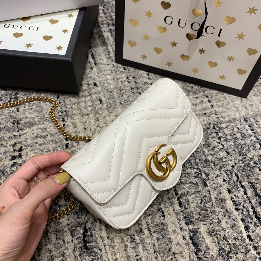 Luxury Gucci GG Marmont Mini 16.5cm White Calfskin Gold Hardware
