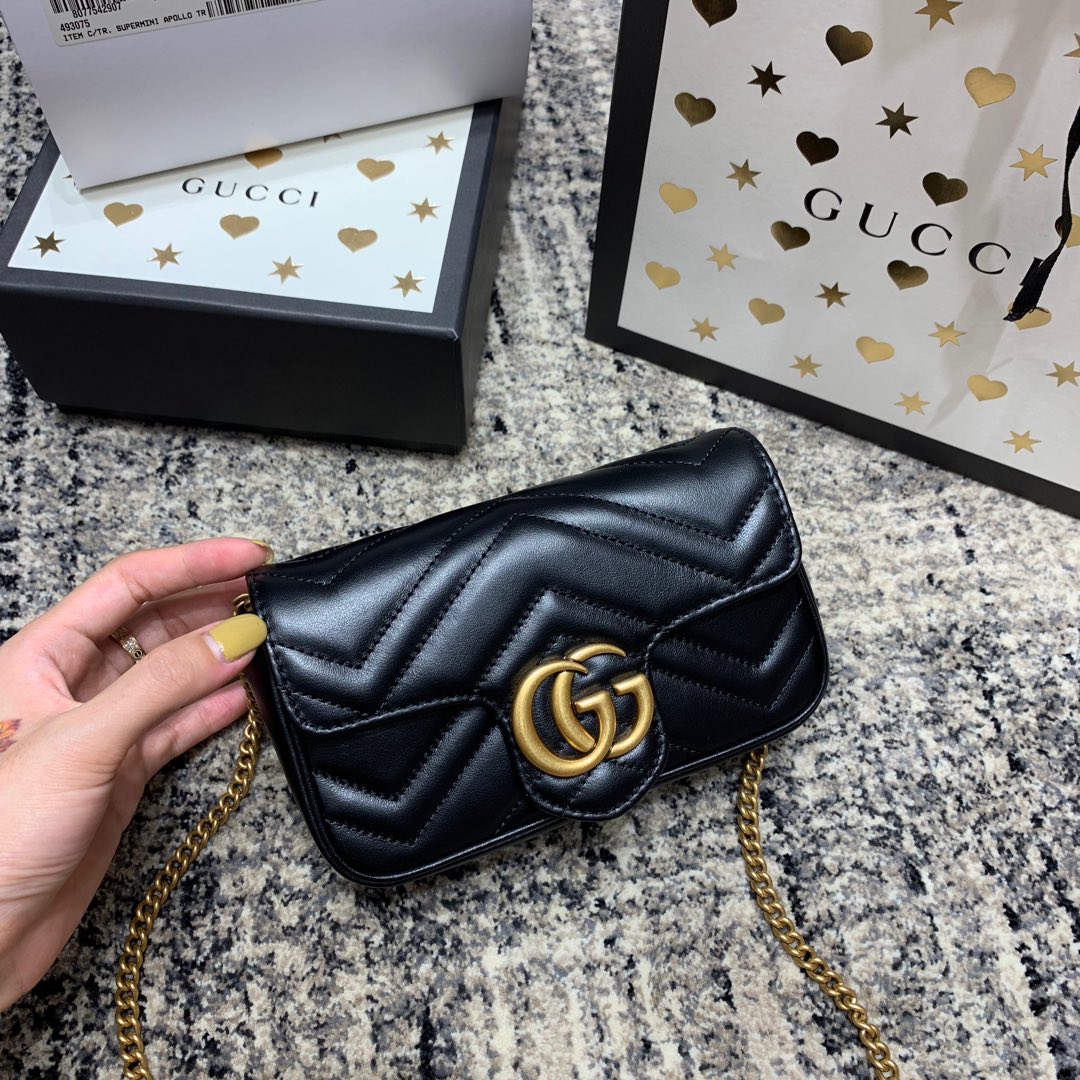 Luxury Gucci GG Marmont Mini 16.5cm Black Calfskin Gold Hardware