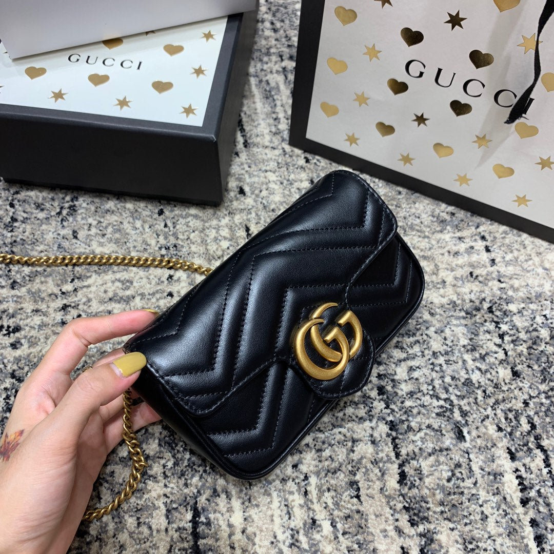 Luxury Gucci GG Marmont Mini 16.5cm Black Calfskin Gold Hardware
