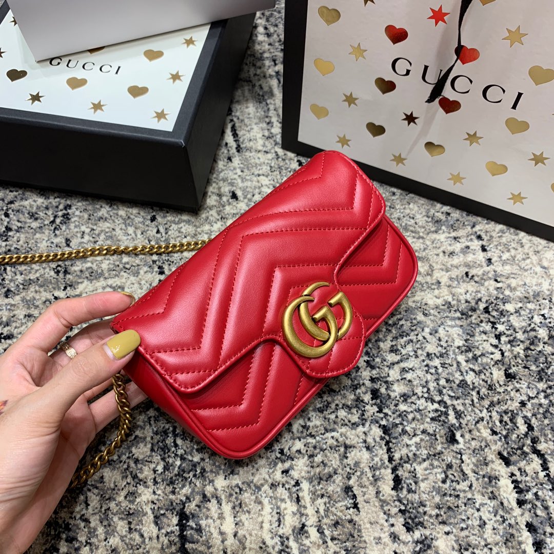 Luxury Gucci GG Marmont Mini 16.5cm Red Calfskin Gold Hardware