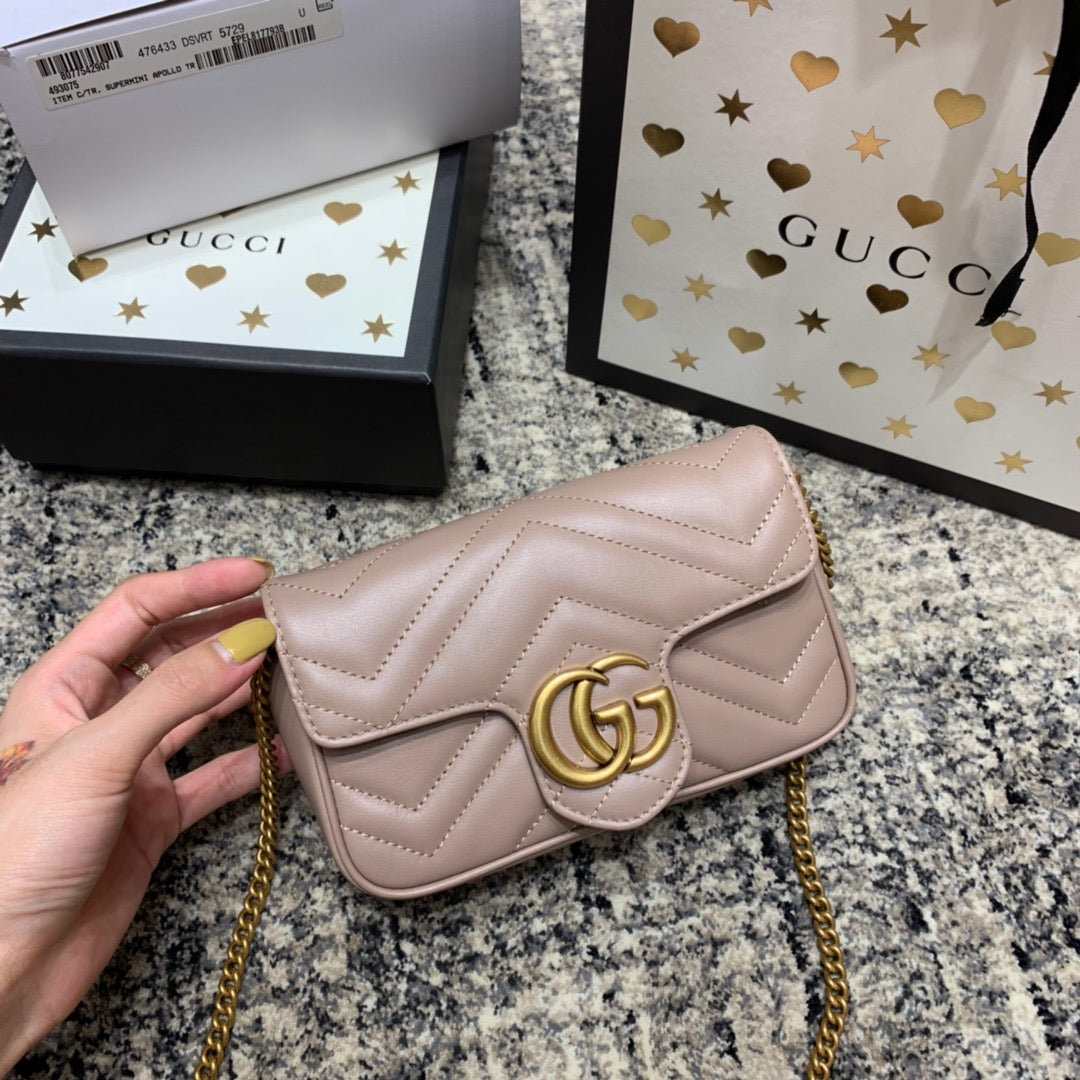 Luxury Gucci GG Marmont Mini 16.5cm Dark Beige Calfskin Gold Hardware