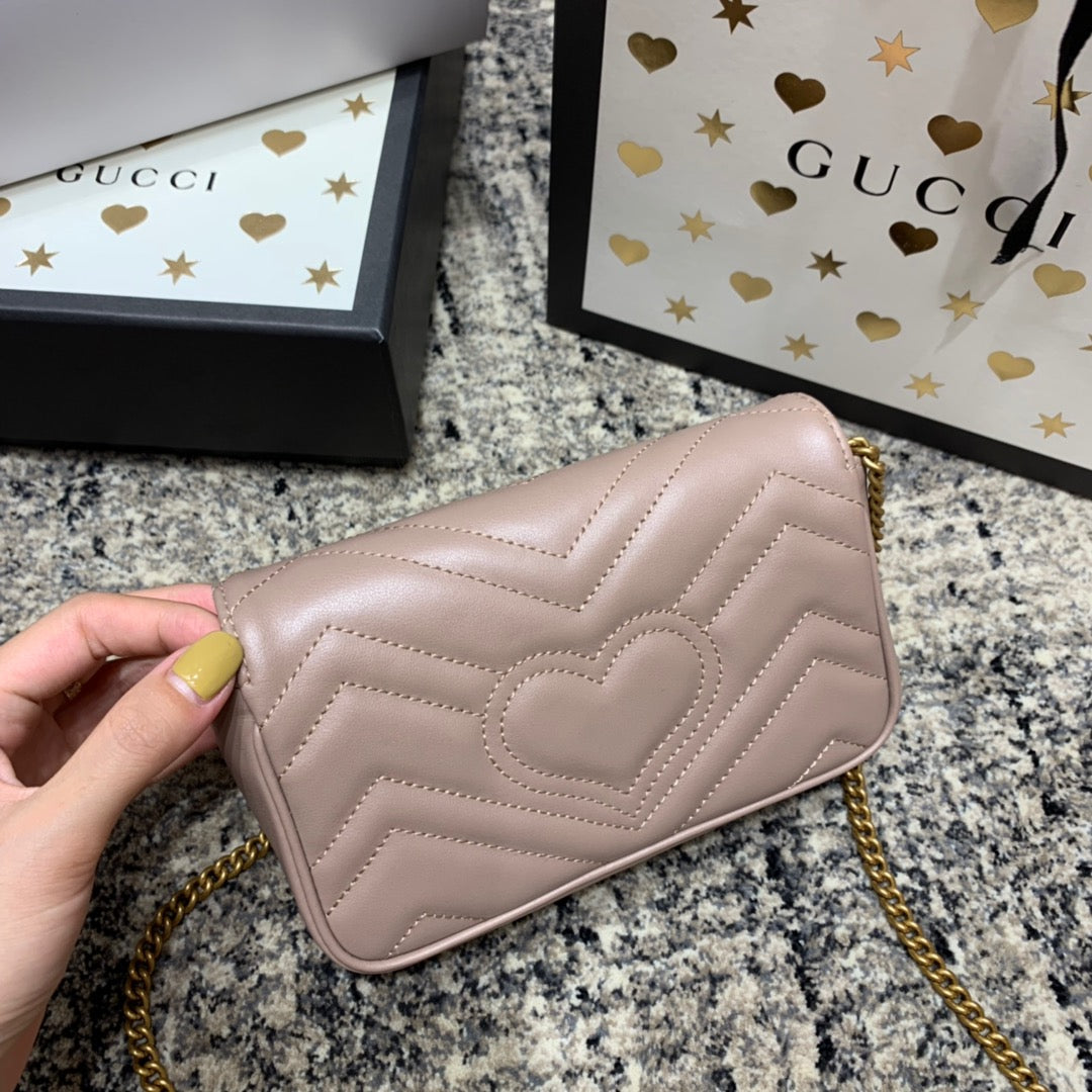 Luxury Gucci GG Marmont Mini 16.5cm Dark Beige Calfskin Gold Hardware