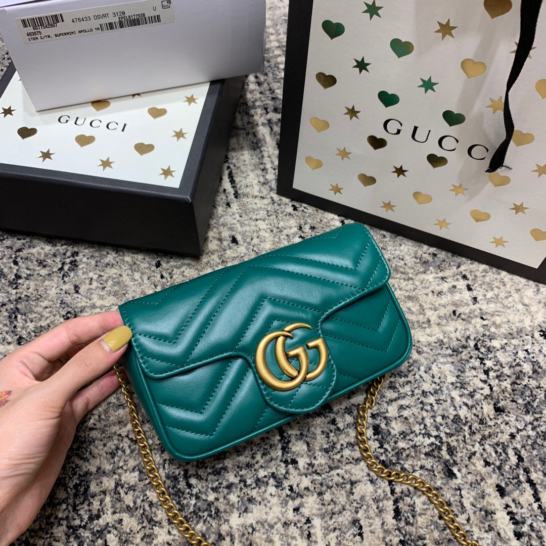 Luxury Gucci GG Marmont Mini 16.5cm Turquoise Calfskin Gold Hardware