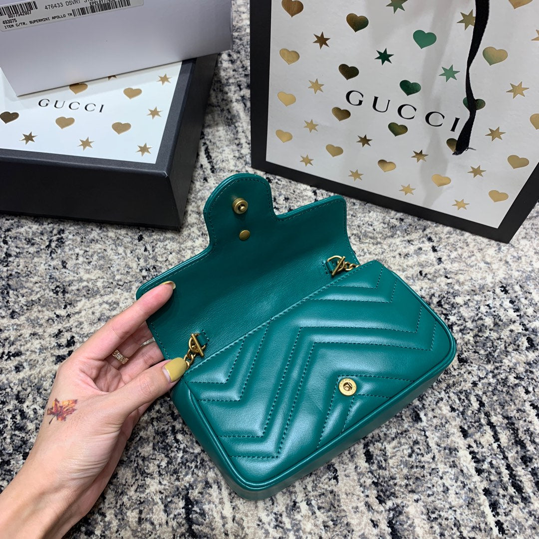 Luxury Gucci GG Marmont Mini 16.5cm Turquoise Calfskin Gold Hardware