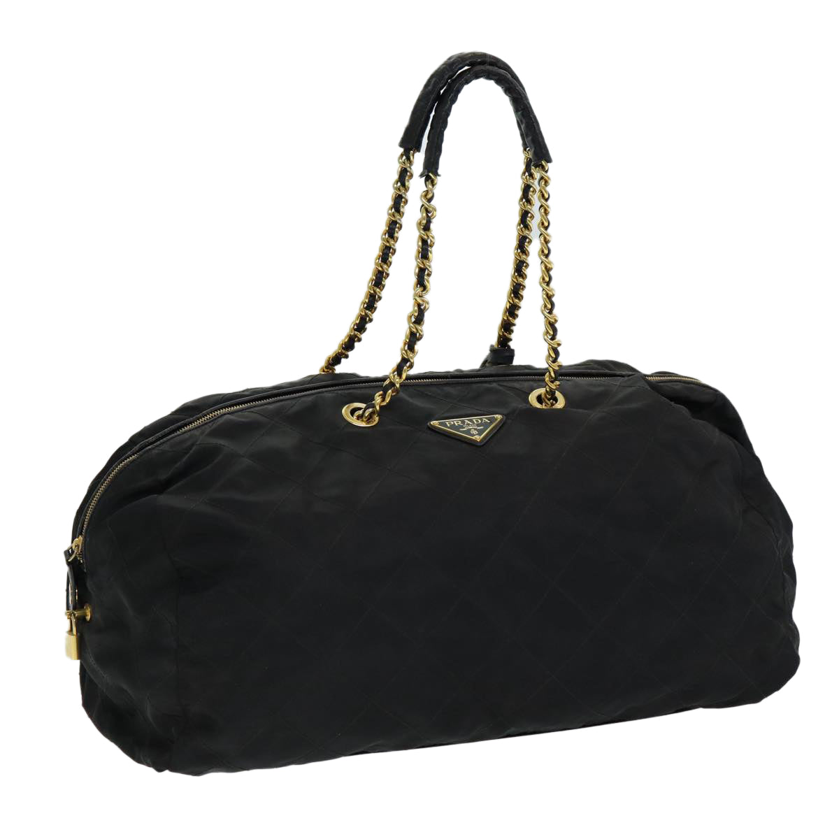 Luxury Prada Quilted Chain Boston Bag Nylon Black  yb650
