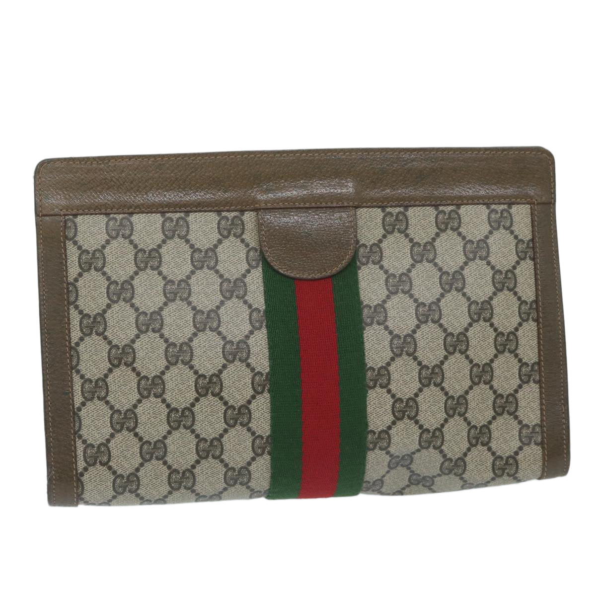 GUCCI GG Canvas Web Sherry Line Clutch Bag PVC Beige Red Green  10133