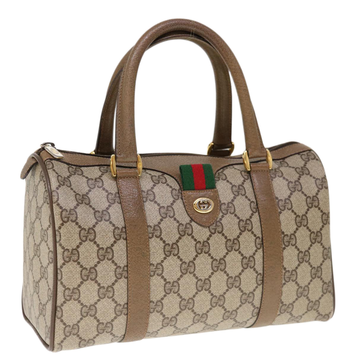 GUCCI GG Canvas Web Sherry Line Boston Bag PVC Beige Red 116 02 006  10327