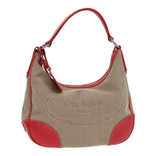 Luxury Prada Shoulder Bag Canvas Leather Red Silver beige  yk14646