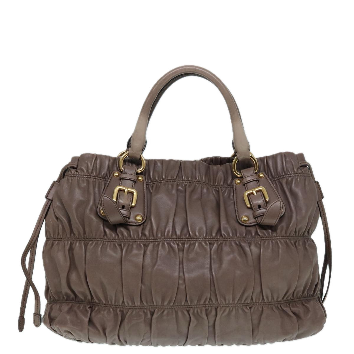 Luxury Prada Gathered Hand Bag Leather 2way Brown Gold  yk14663
