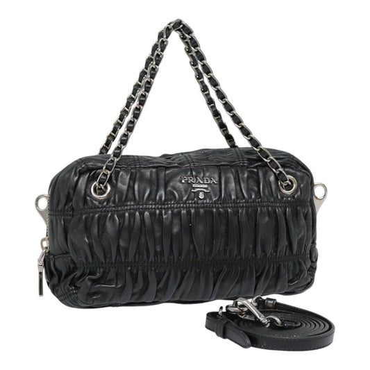 Luxury Prada Chain Gathered Hand Bag Leather 2way Black Silver  yk15035