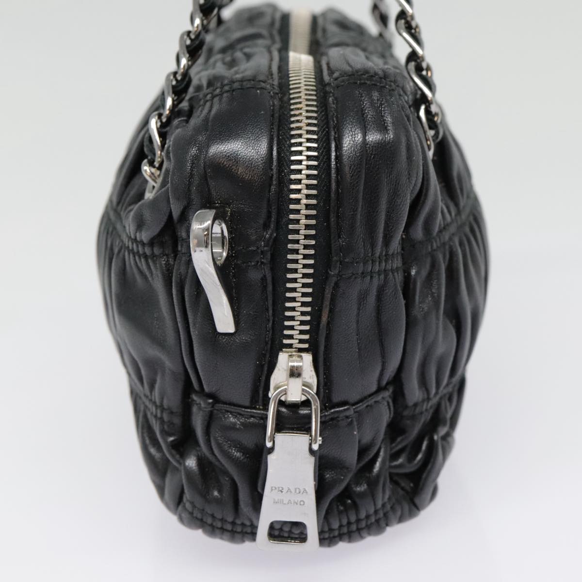 Luxury Prada Chain Gathered Hand Bag Leather 2way Black Silver  yk15035