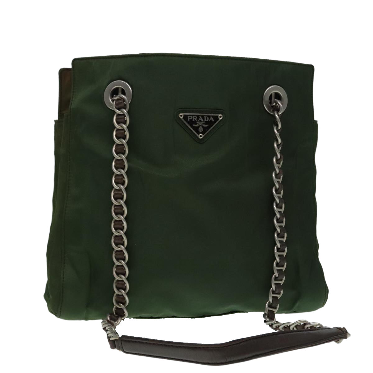 Luxury Prada Chain Shoulder Bag Nylon Khaki Brown Silver  yk15336