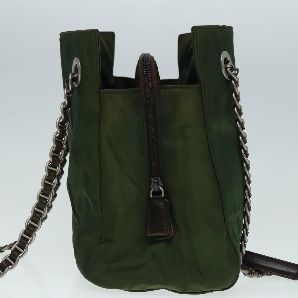Luxury Prada Chain Shoulder Bag Nylon Khaki Brown Silver  yk15336