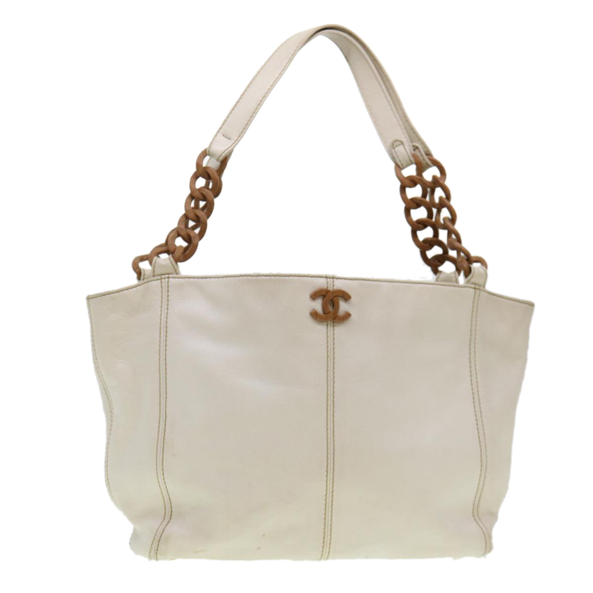 Luxury Chanel Wood Chain Tote Bag Caviar Skin White Brown CC  yk6580