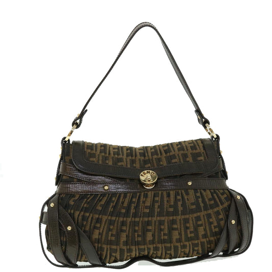 Luxury FendiZucca Canvas Turn Lock Shoulder Bag Black Brownyk8162