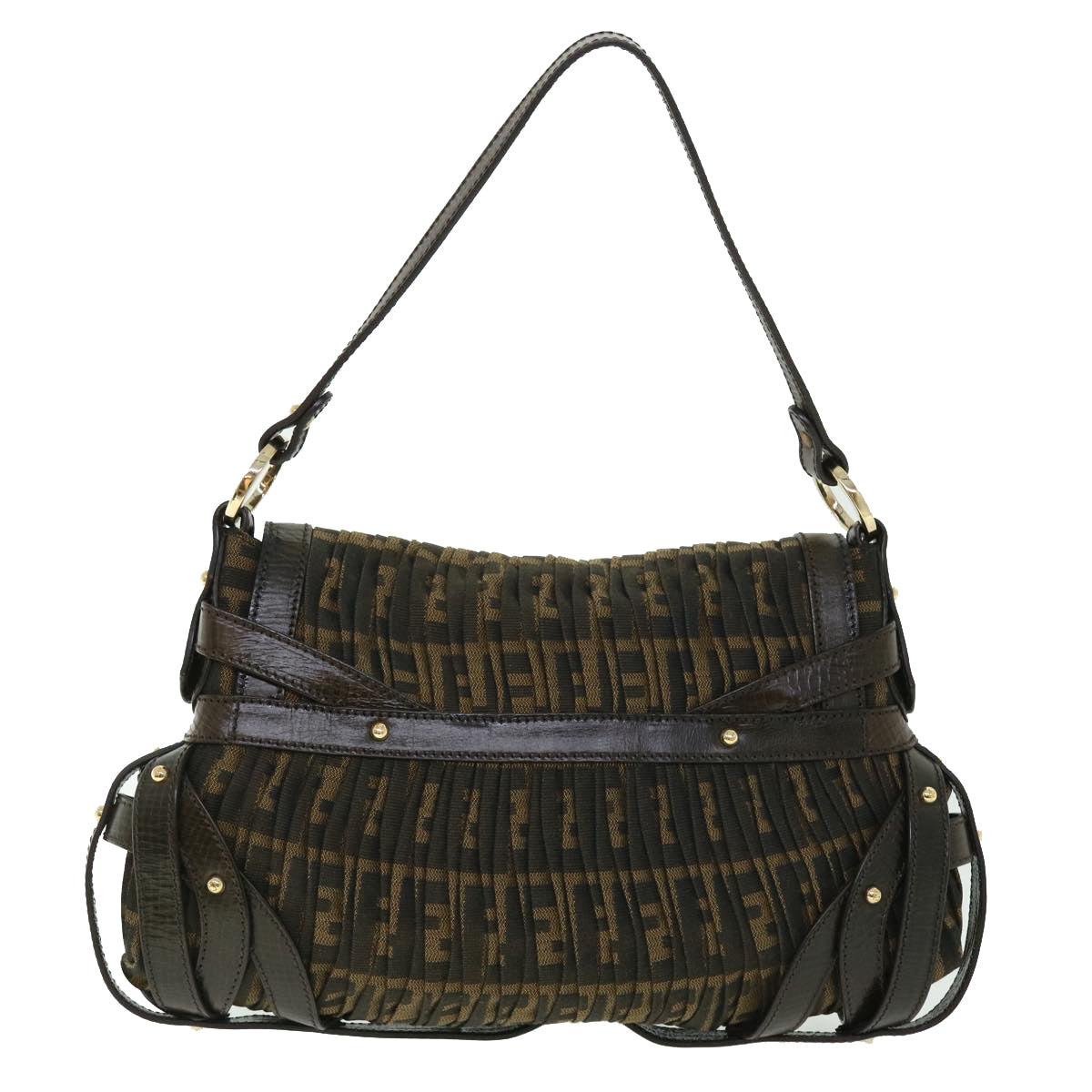 Luxury FendiZucca Canvas Turn Lock Shoulder Bag Black Brownyk8162