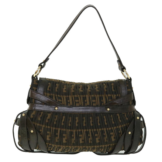Luxury FendiZucca Canvas Turn Lock Shoulder Bag Black Brownyk8162