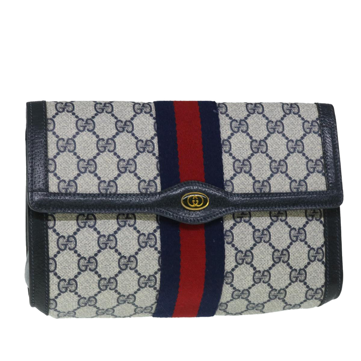 Luxury Gucci GG Canvas Sherry Line Clutch Bag Gray Red Navy 89 01 006  8671