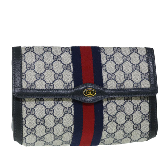 Luxury Gucci GG Canvas Sherry Line Clutch Bag Gray Red Navy 89 01 006  8671