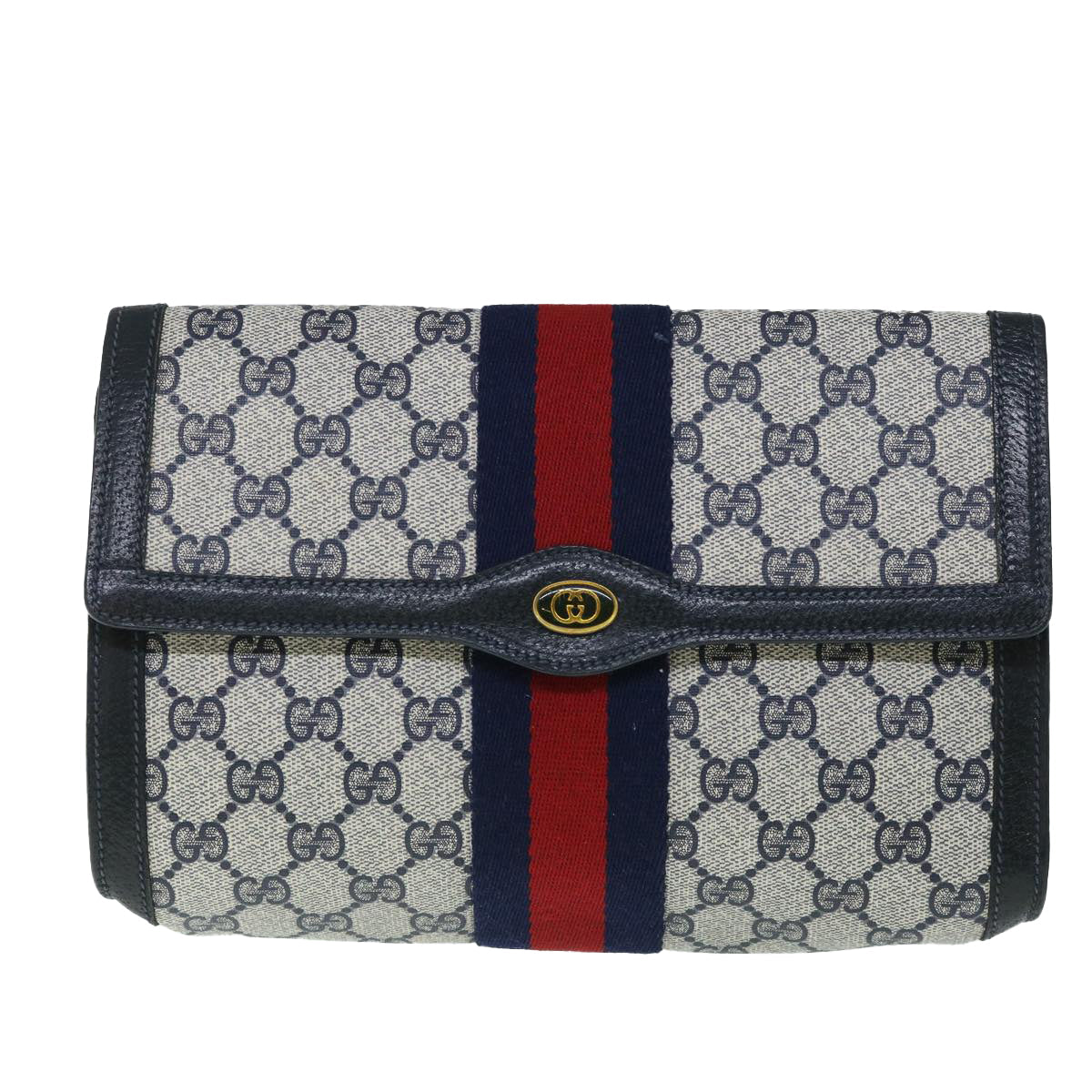 Luxury Gucci GG Canvas Sherry Line Clutch Bag Gray Red Navy 89 01 006  8671