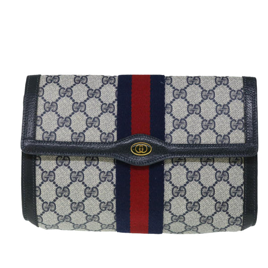 Luxury Gucci GG Canvas Sherry Line Clutch Bag Gray Red Navy 89 01 006  8671
