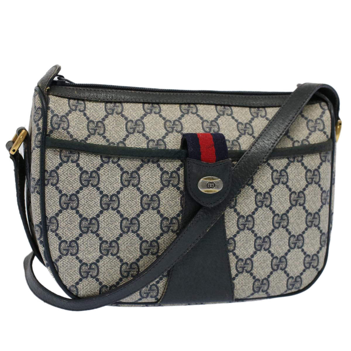 Luxury Gucci GG Canvas Sherry Line Shoulder Bag Gray Red Navy 89 02 032  8710