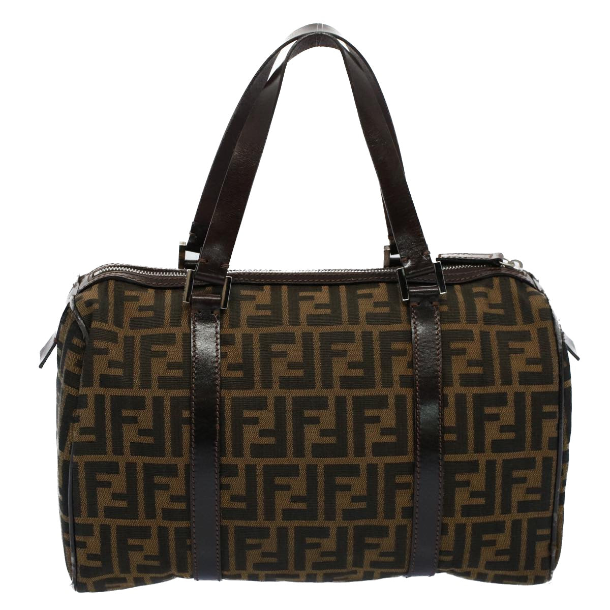 Luxury FendiZucca Canvas Boston Bag Leather Black Brown 2119 16327 089yk9006