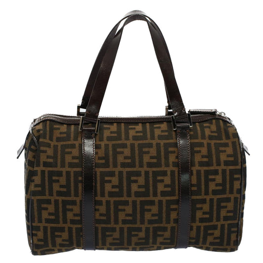 Luxury FendiZucca Canvas Boston Bag Leather Black Brown 2119 16327 089yk9006