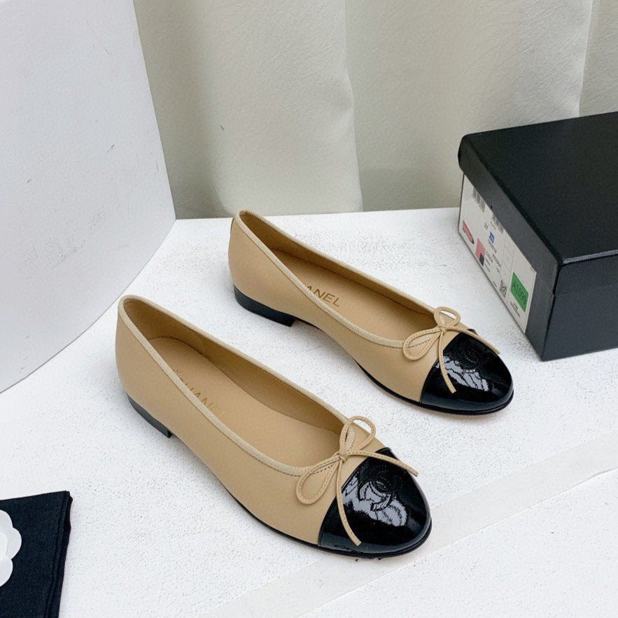 Luxury Chanel ballet flats beige lambskin black patent calfskin