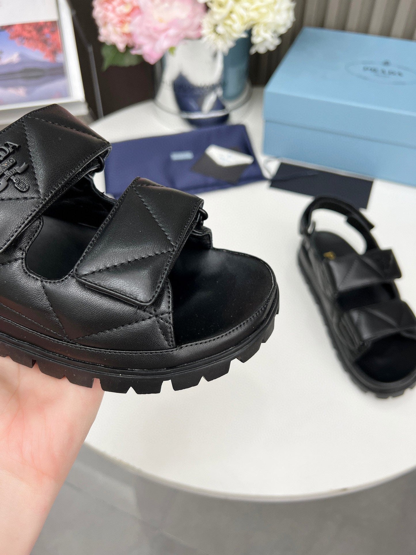 Luxury Pradadad sandal black calfskin